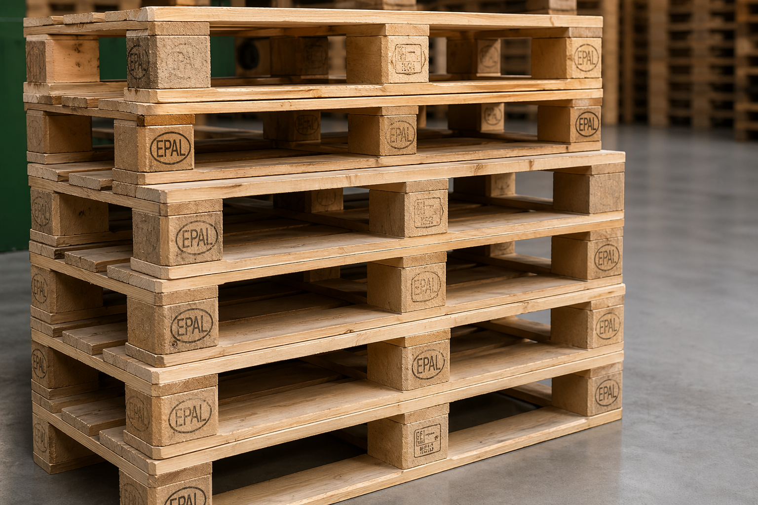 Stivă de paleți din lemn tip europalet (EPAL), aranjați uniform unul peste altul într-un depozit industrial, cu marcaje vizibile pe laterale și suprafață curată din beton în fundal.
