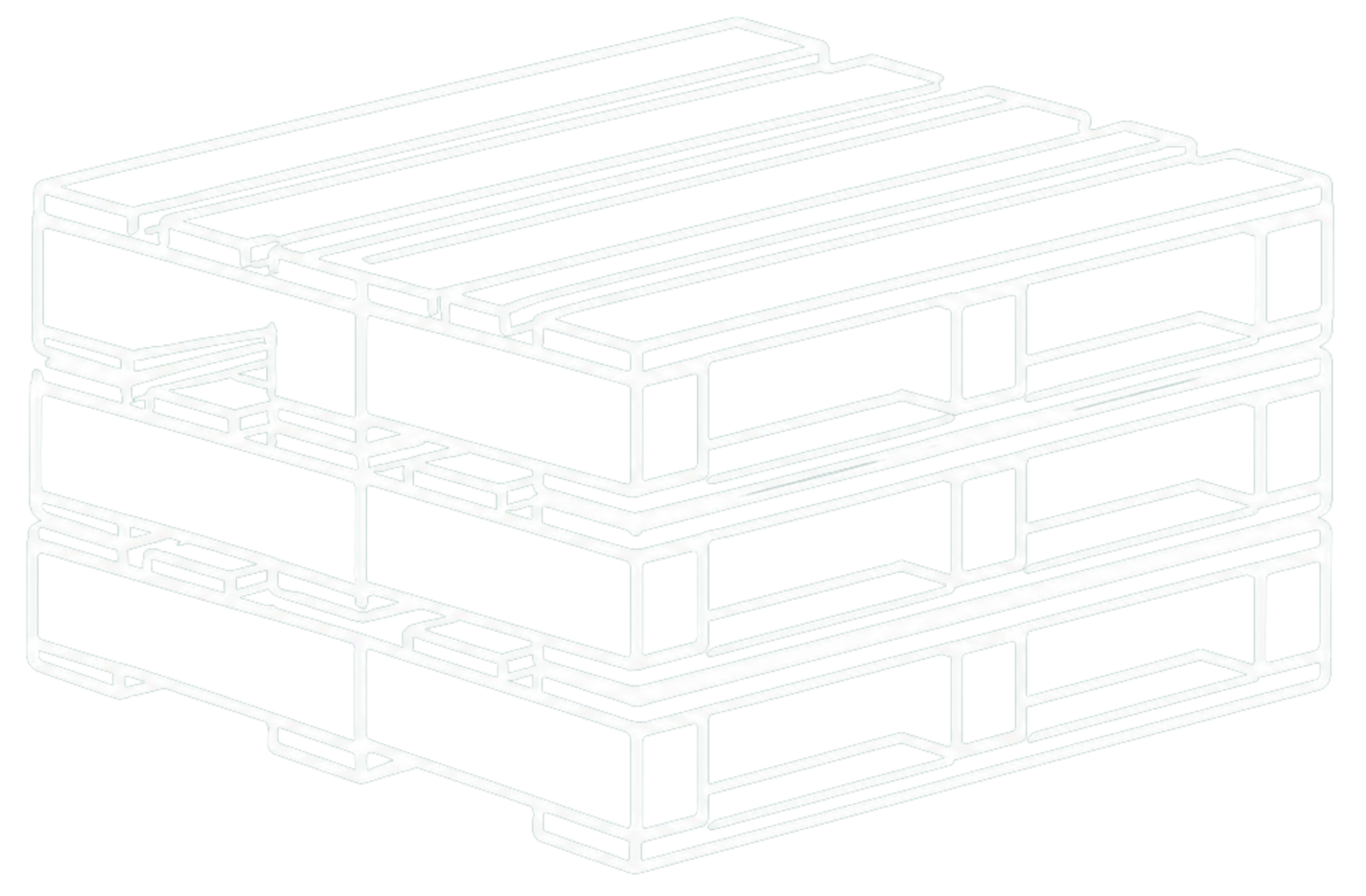 Ilustrație minimalistă a trei paleți stivuiți, redați prin contur alb pe fundal verde, în perspectivă izometrică. Resurse despre paleți: cumpărăm, vindem și închiriem.